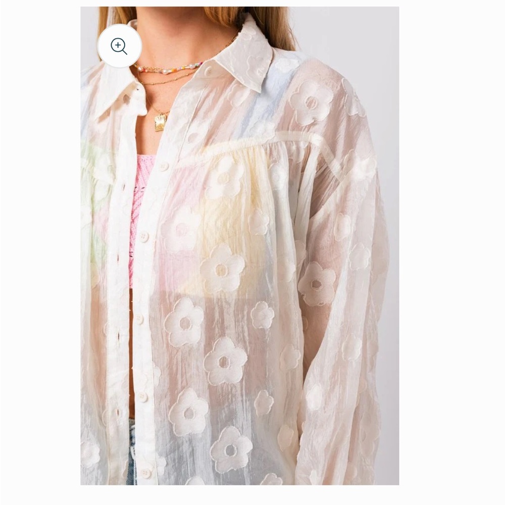 Le Lis Sheer Floral Cream Button Down Shirt